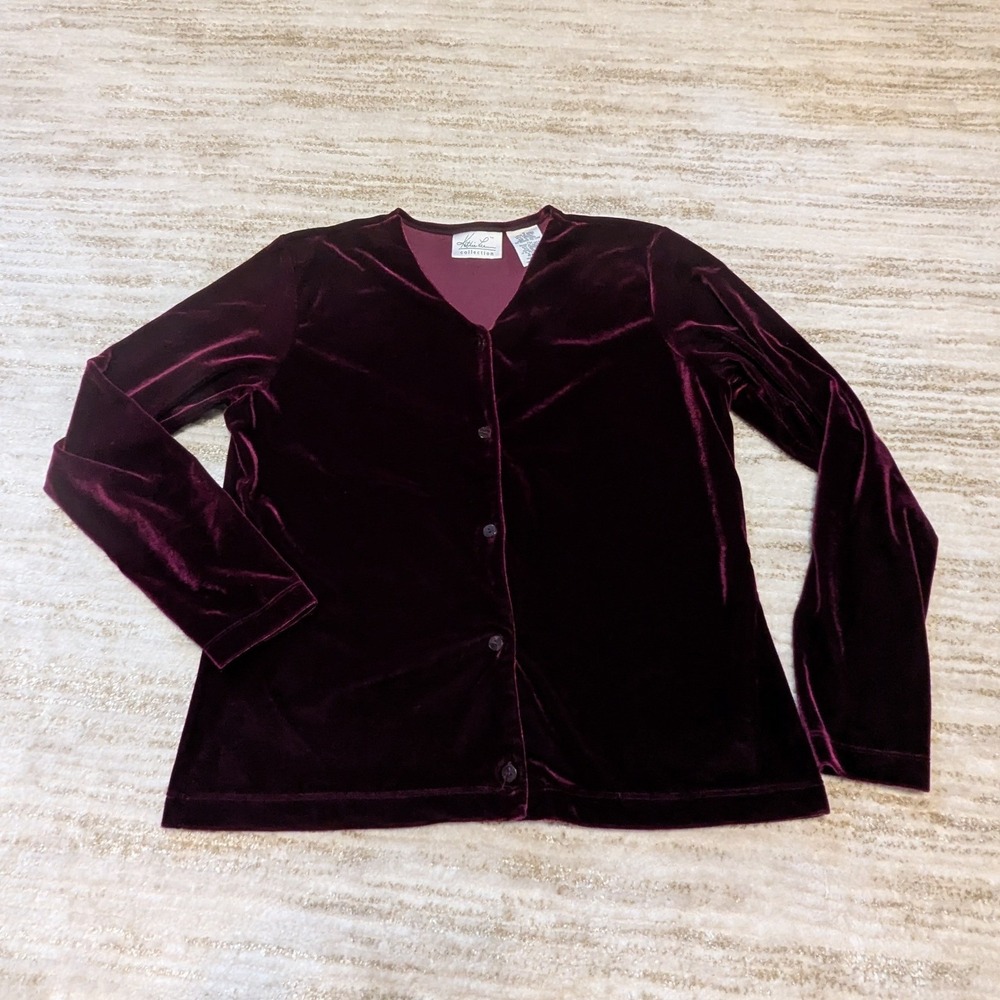 Kathie Lee Velvet Down Top Sz S Burgundy V-Neck Button Front 90s Y2K Whimsigoth